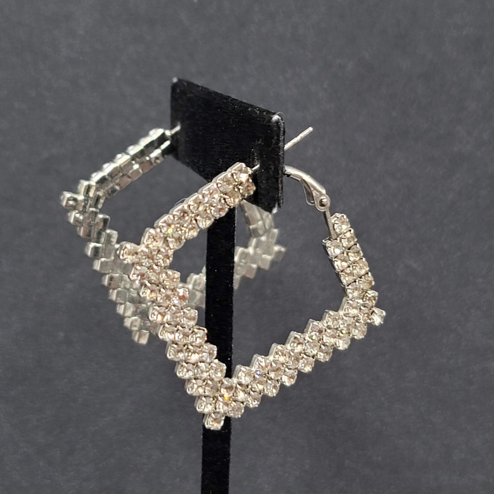 Pierced Earrings Rhinestone Square Hoops Silver tone 1.25"