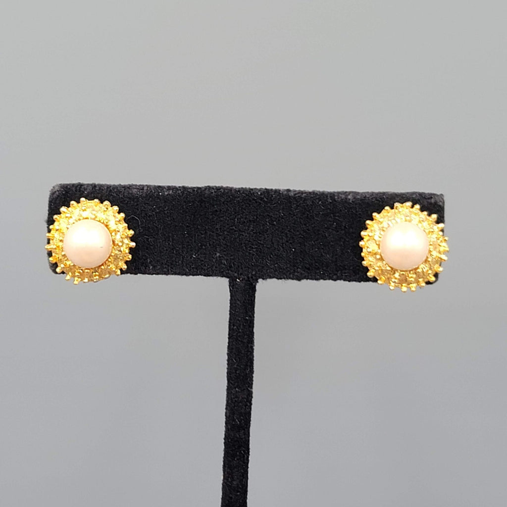 Vintage Gold tone White Bead Pierced Earrings 5/8"