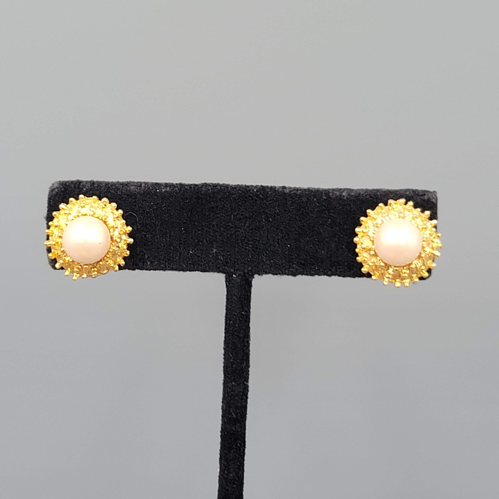 Vintage Gold tone White Bead Pierced Earrings 5/8"