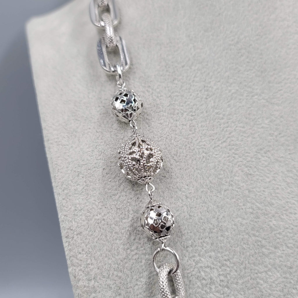 Chunky Retro Chain Necklace Filigree Beads Textured Silver tone 30 in