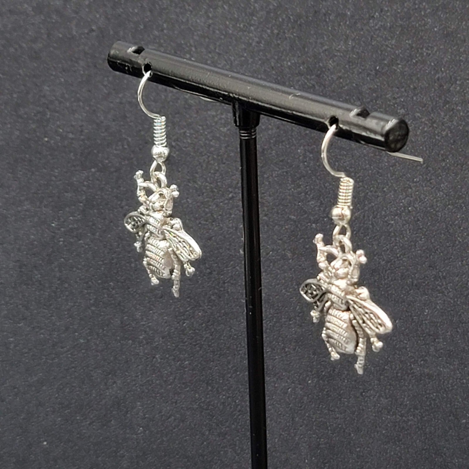 Bee Pierced Earrings Silver tone Fuzzy Embossed Dangle 7/8"