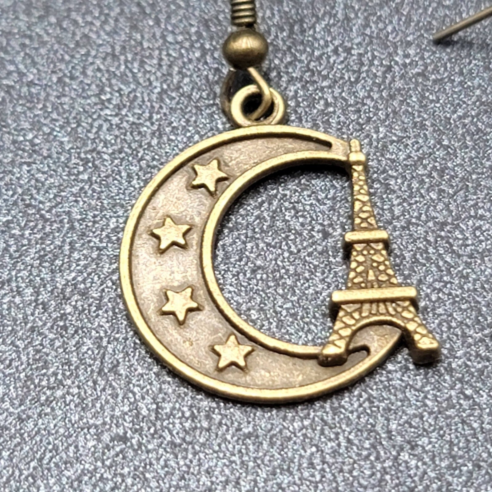 Crescent Moon Eiffel Tower Pierced Earrings Dangle Bronze tone New 7/8"