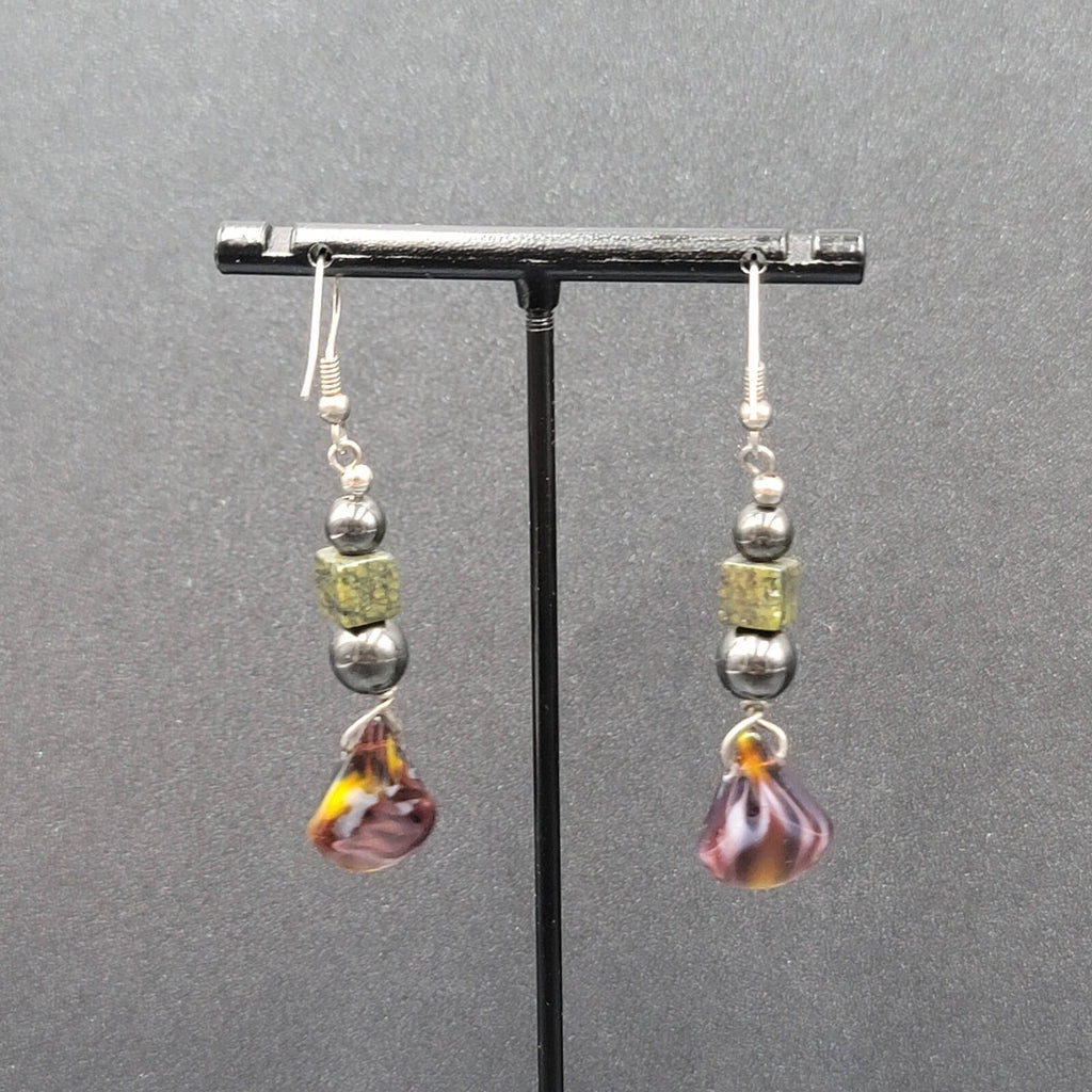 Vintage Pierced Earrings Magnetic Hematite Green Stone Beaded Dangle 1.75"