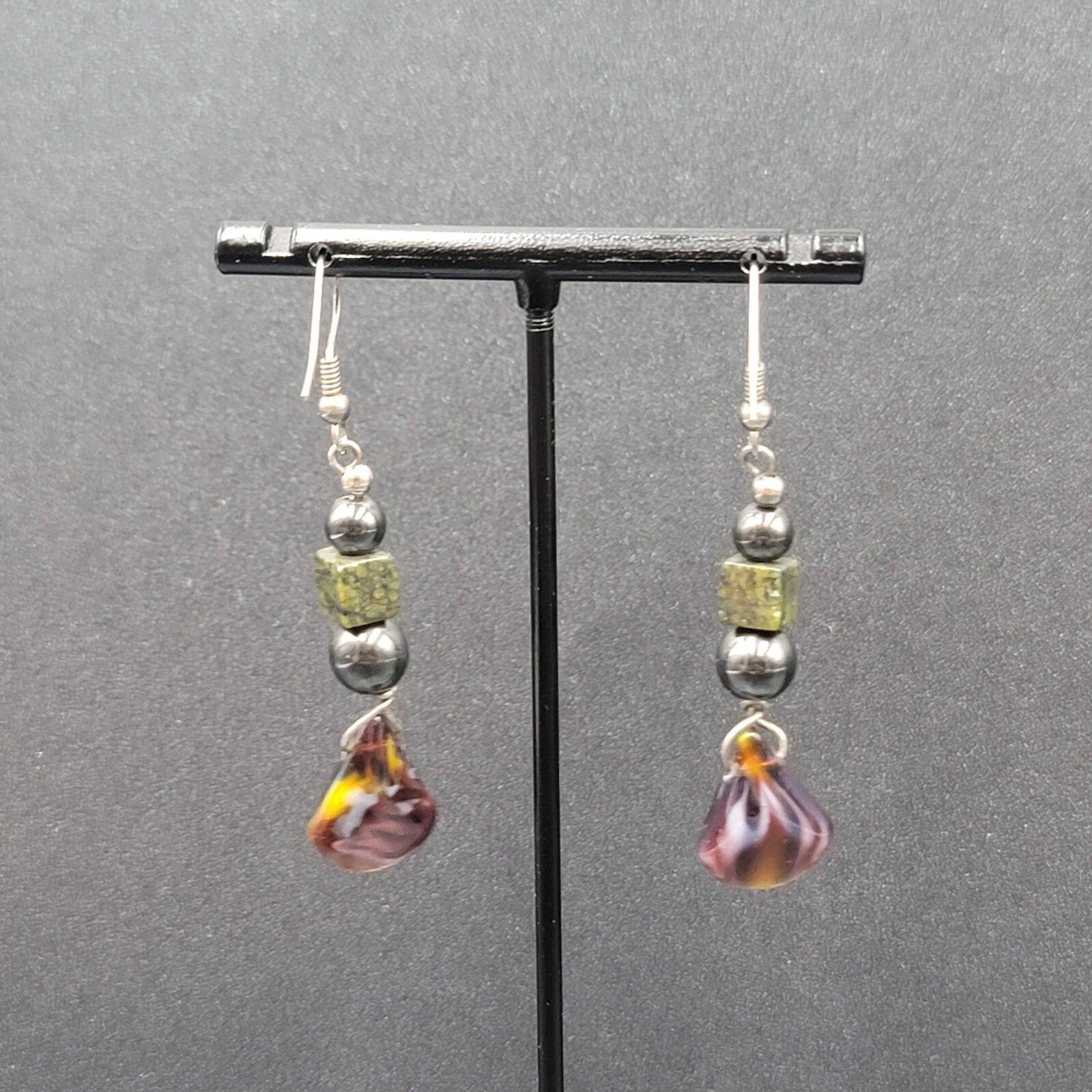 Vintage Pierced Earrings Magnetic Hematite Green Stone Beaded Dangle 1.75"