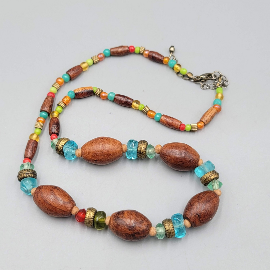 Wood Bead Artisan Necklace Multicolor Glass Spacers 18" Adj