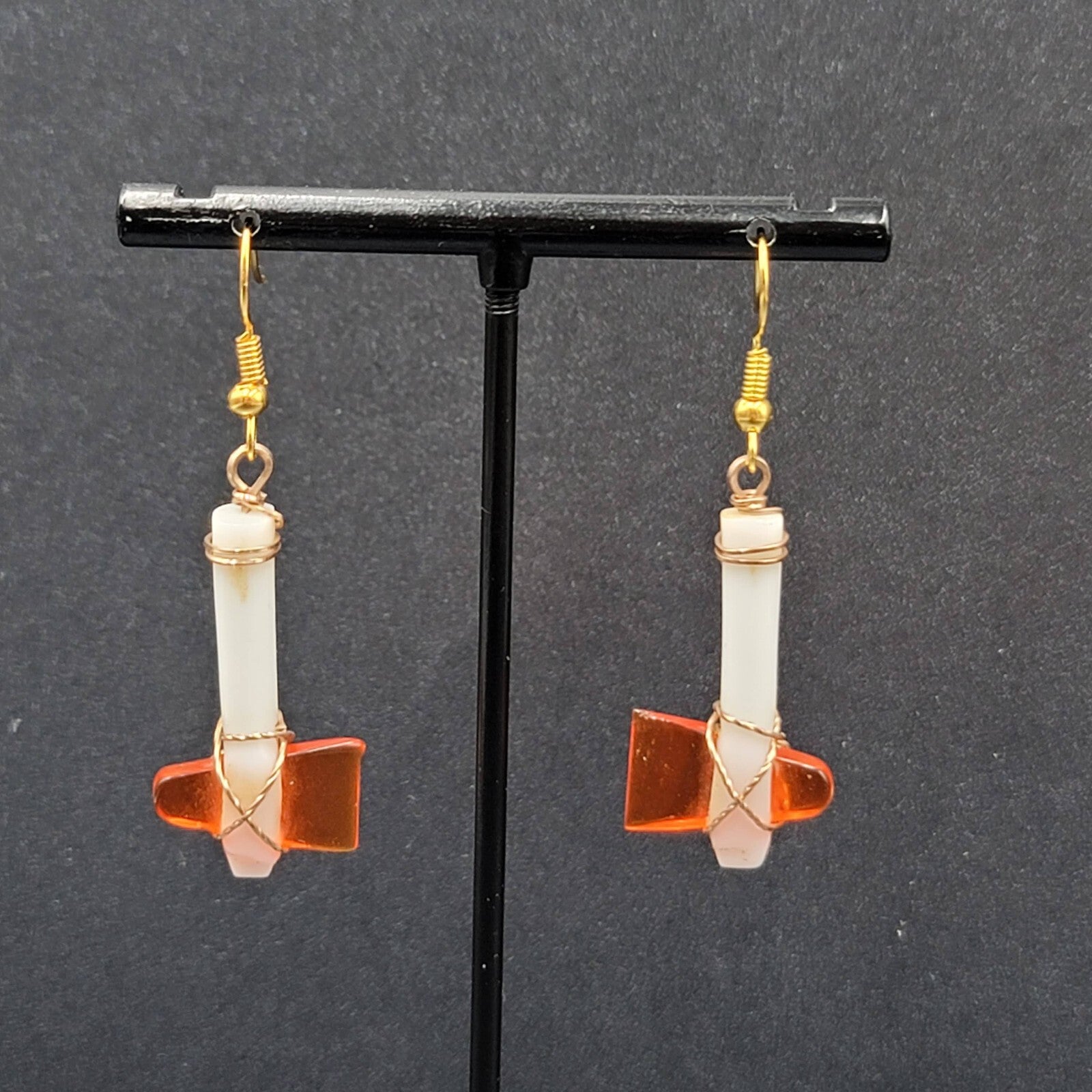 Vintage Pierced Earrings Plastic White Orange Hatchet Axe Dangle 1.25"