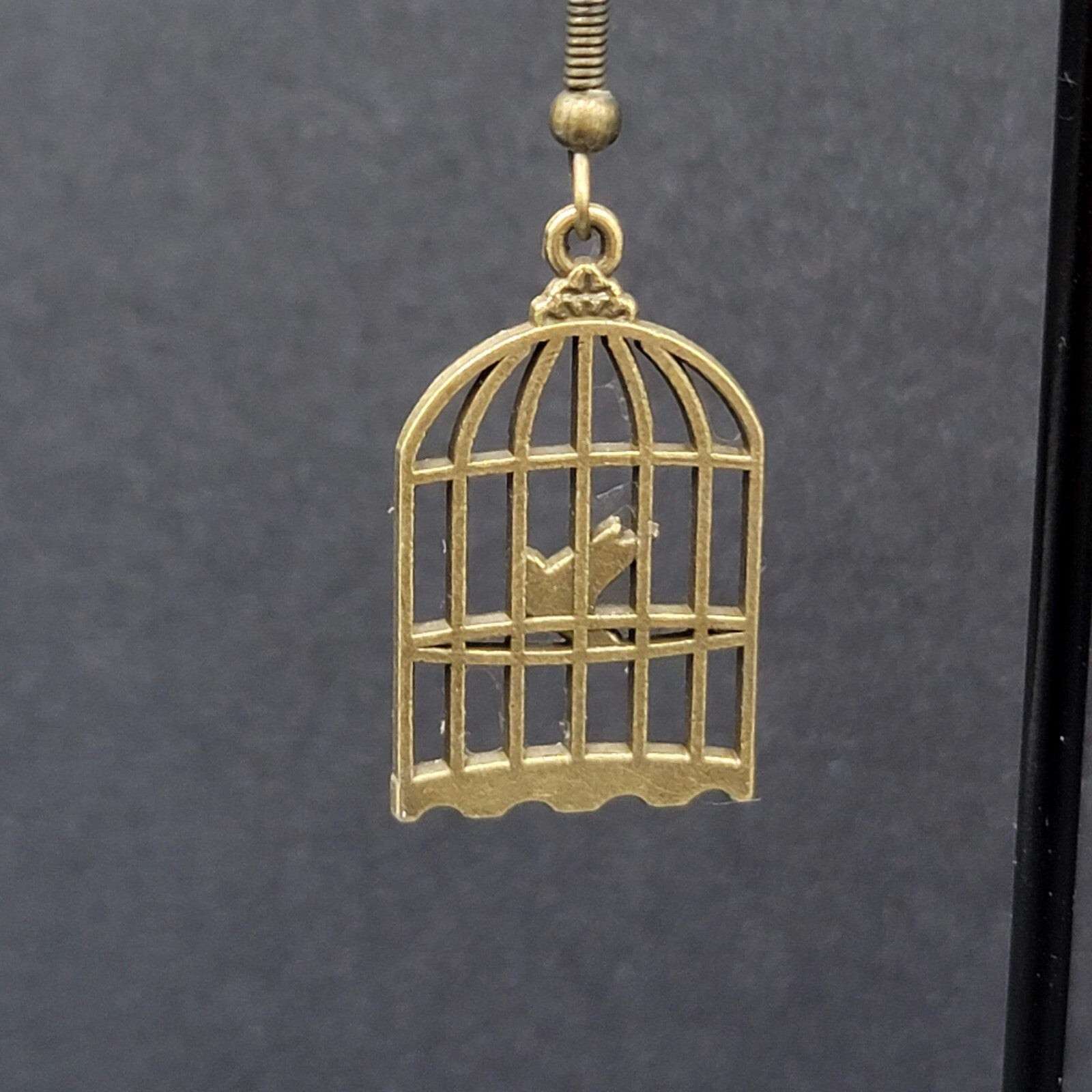 New Bird in the Cage Pierced Earrings Bronze tone Dangle 1"