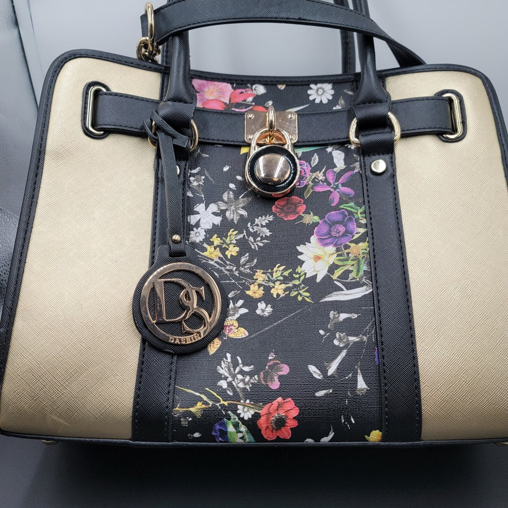 Dasein Womens Fashion Large Faux Leather Satchel Handbag Floral Black Gold tone