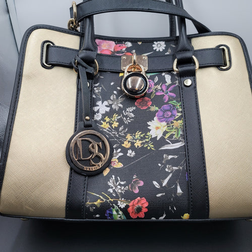Dasein Womens Fashion Large Faux Leather Satchel Handbag Floral Black Gold tone