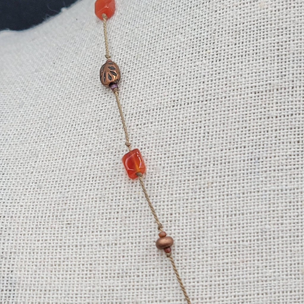 Dainty Orange Stone Necklace Hand Knotted Cord Station Copper tone Metal 17"