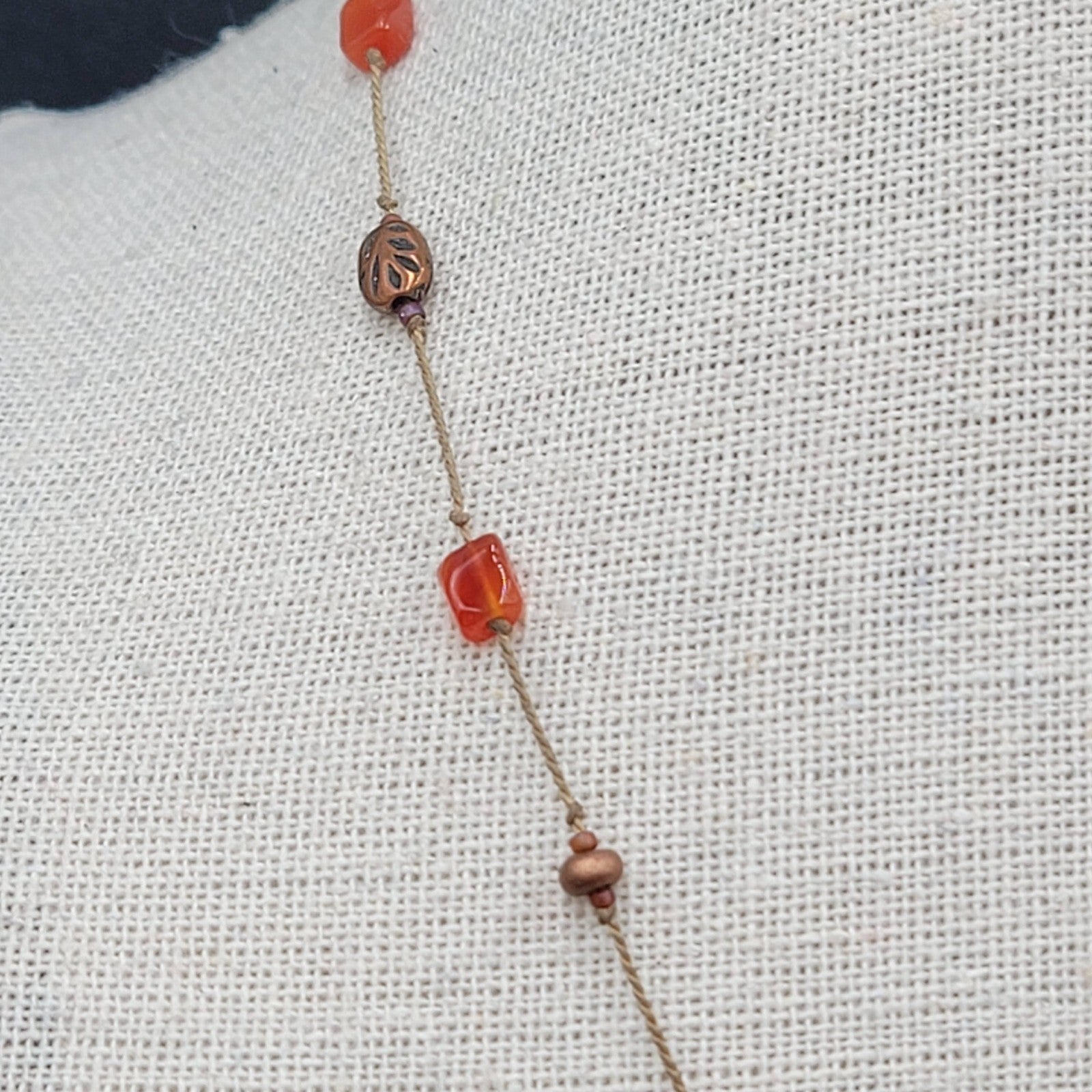 Dainty Orange Stone Necklace Hand Knotted Cord Station Copper tone Metal 17"