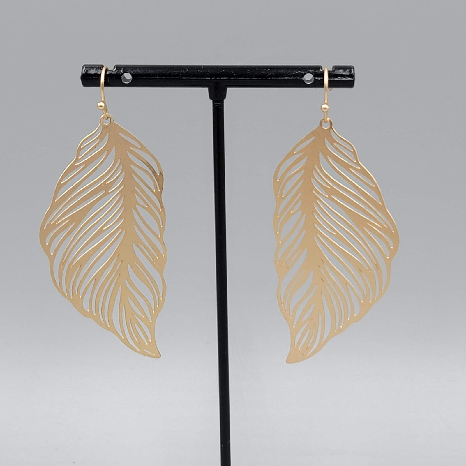 Skeleton Leaf Pierced Earrings Matte Gold tone Large Dangle Statement 2 3/8"