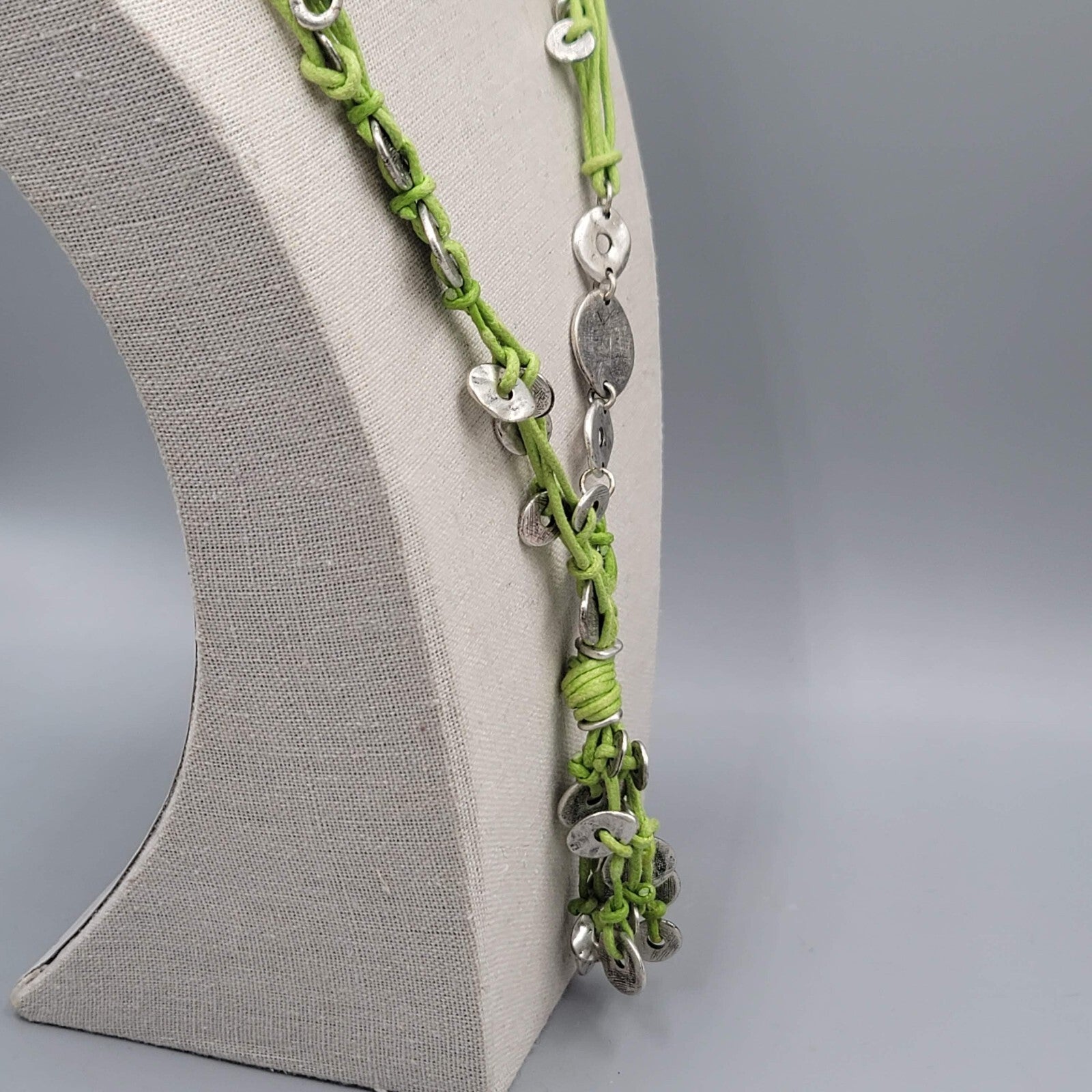 Coldwater Creek Necklace Green Cord Silver tone Accents 20"
