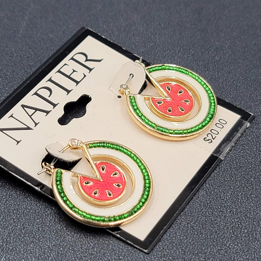 Vintage Napier Pierced Earrings Watermelon Hoops Gold tone Enamel 1" 