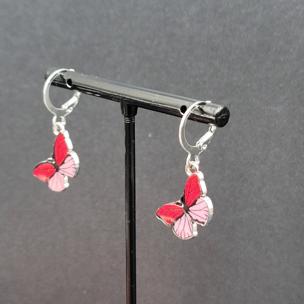 Pierced Earrings Silver tone Pink Butterfly Dangle 3/4"