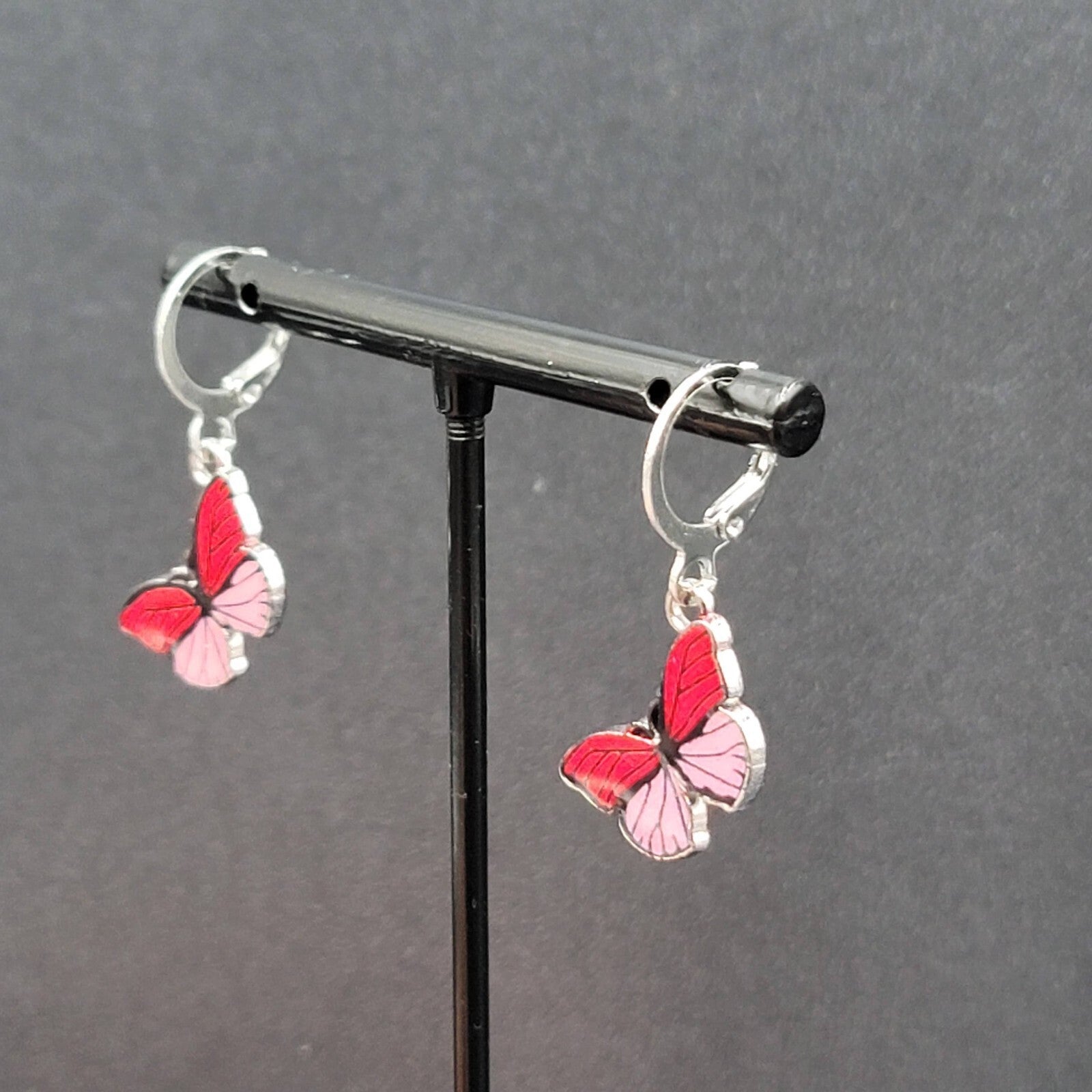 Pierced Earrings Silver tone Pink Butterfly Dangle 3/4"