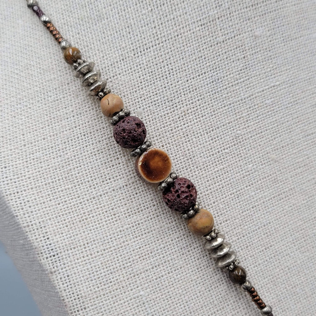 Boho Brown Pottery and Glass Bead Necklace Silver tone 20"