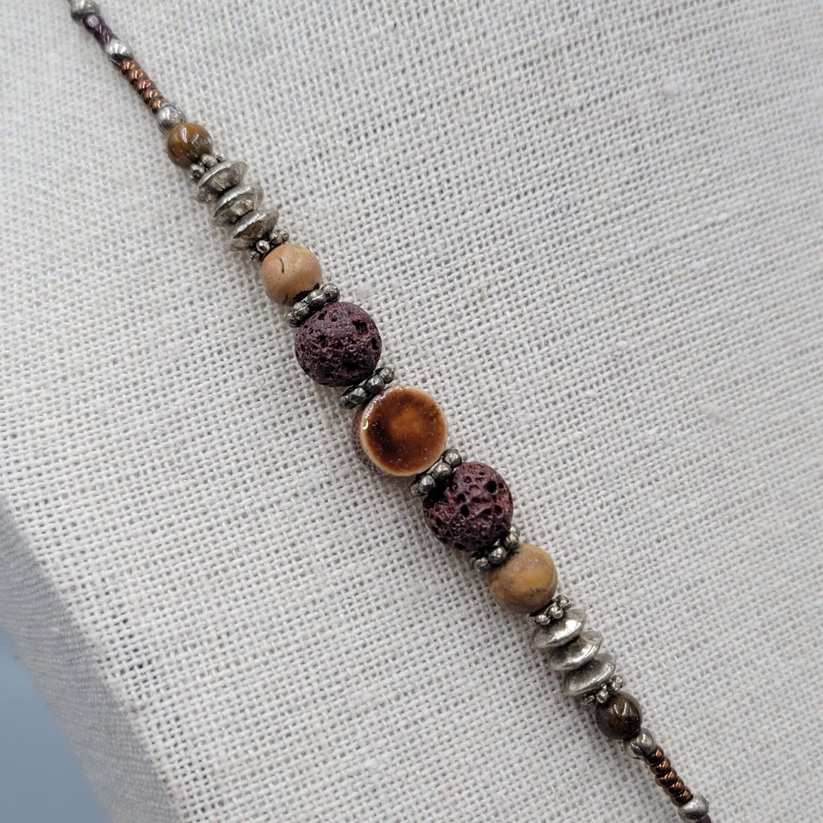 Boho Brown Pottery and Glass Bead Necklace Silver tone 20"
