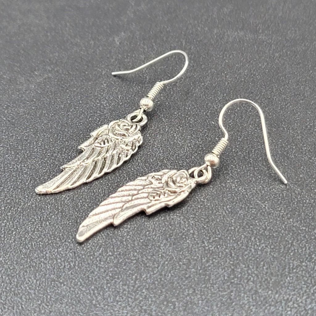 Wings Pierced Earrings Silver tone Rose Dangle 1 1/8"
