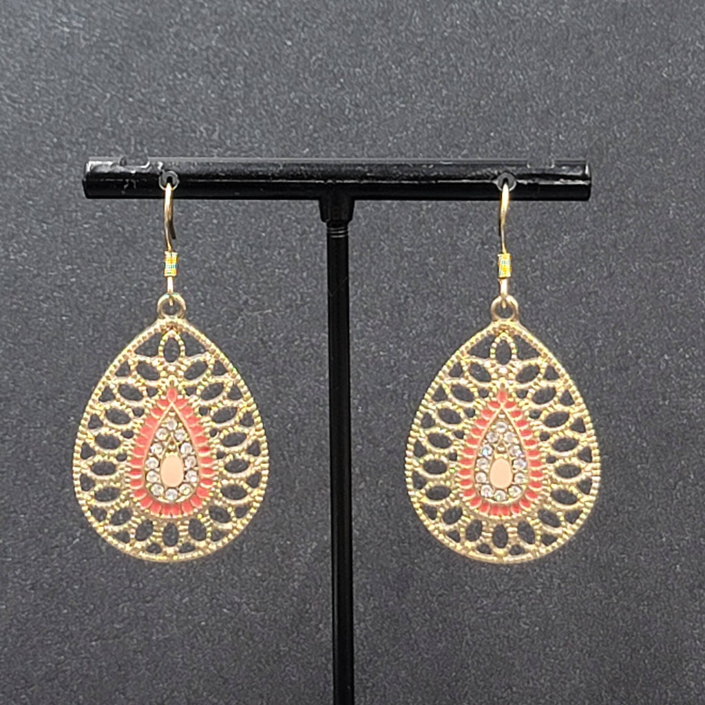 Pierced Earrings Gold tone Teardrop Rhinestone Enamel Dangle 1.25"
