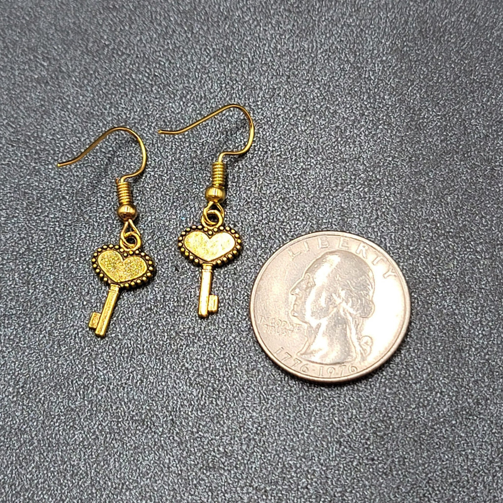 New Ornate Heart Skeleton Key Pierced Earrings Gold tone Dangle 5/8"