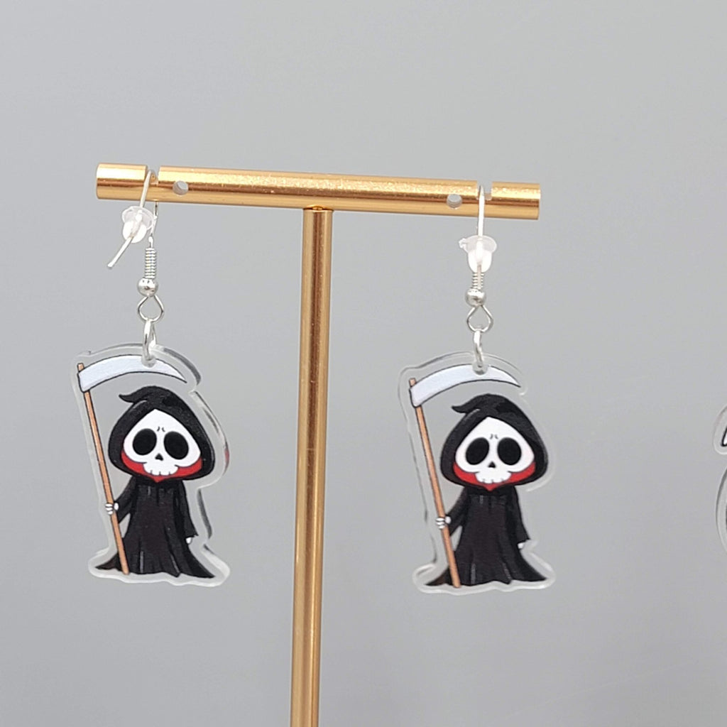 Halloween Grim Reaper Pierced Earrings Silver tone Dangle 1.5 in