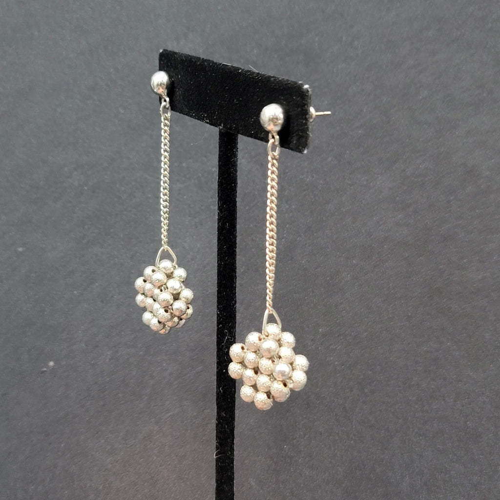 Vintage Pierced Earrings Silver tone Bead Cluster Dangle Unique 2.5"