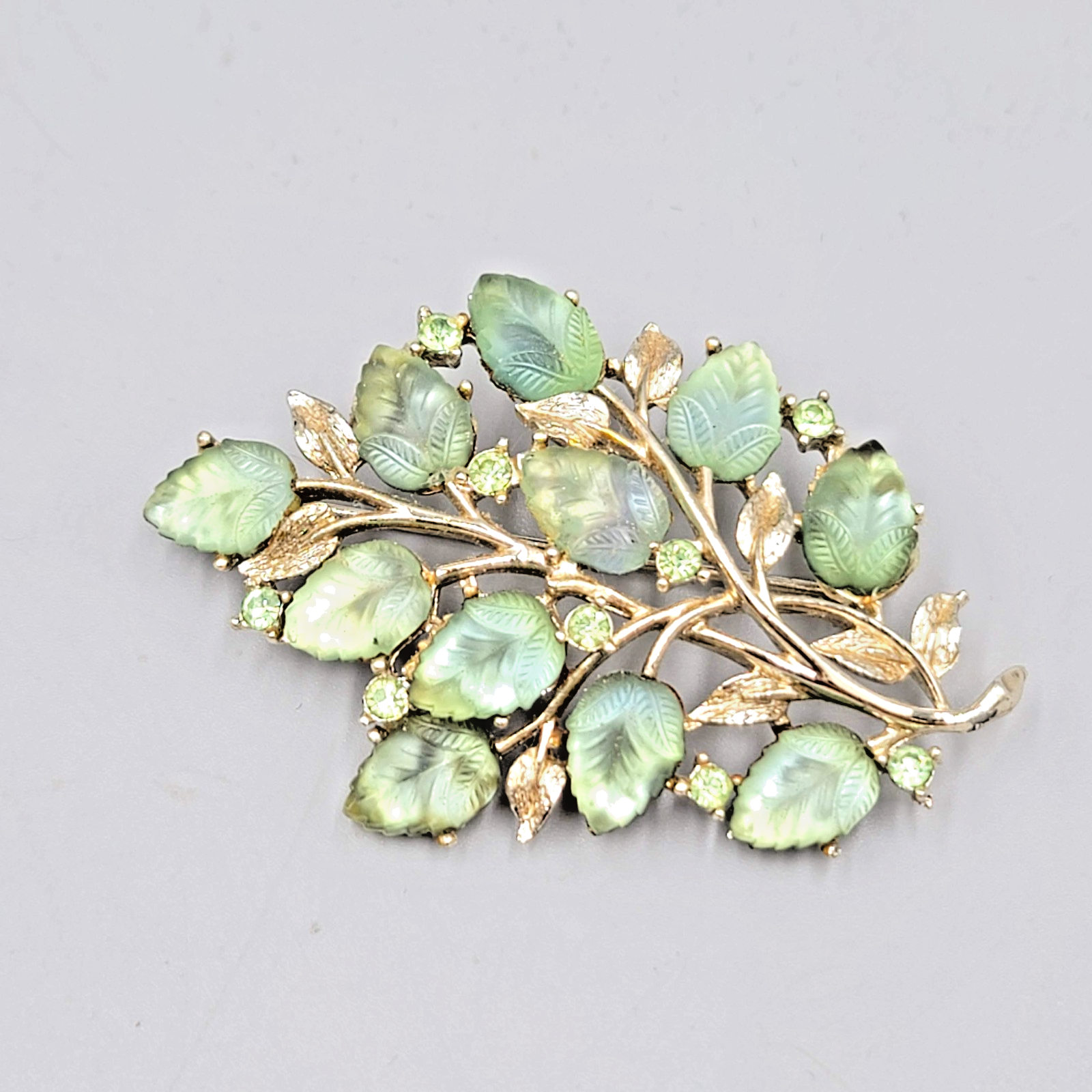 Vintage Coro Brooch Green Molded Glass Leaf Rhinestone Gold tone 2.5"