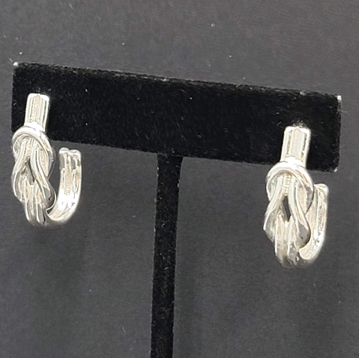 Square Knot Half Hoop Drop Pierced Earrings Silver tone 1"
