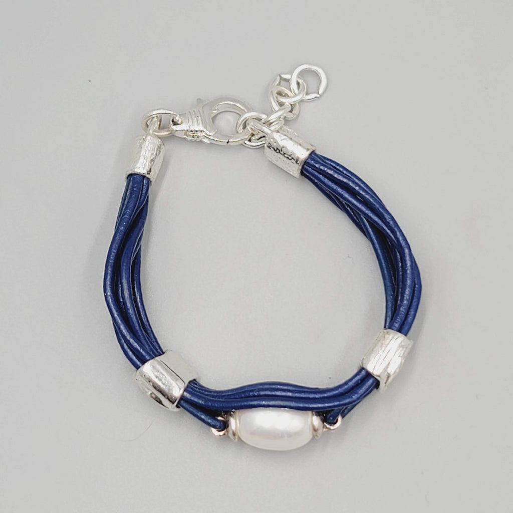 Navy Blue Cord Bracelet Imitation Pearl Silver tone 7"
