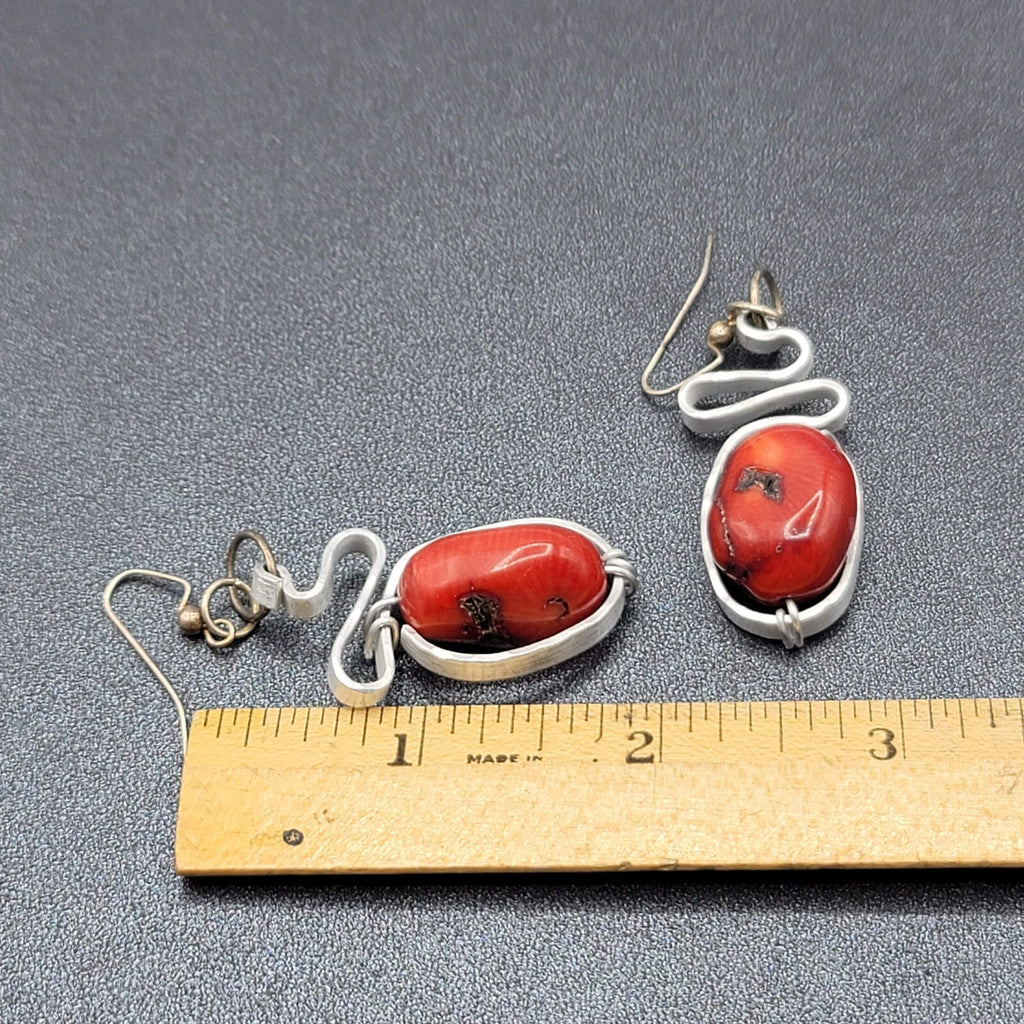 Artisan Pierced Earrings Large Coral Bead Silver tone Dangle 2"