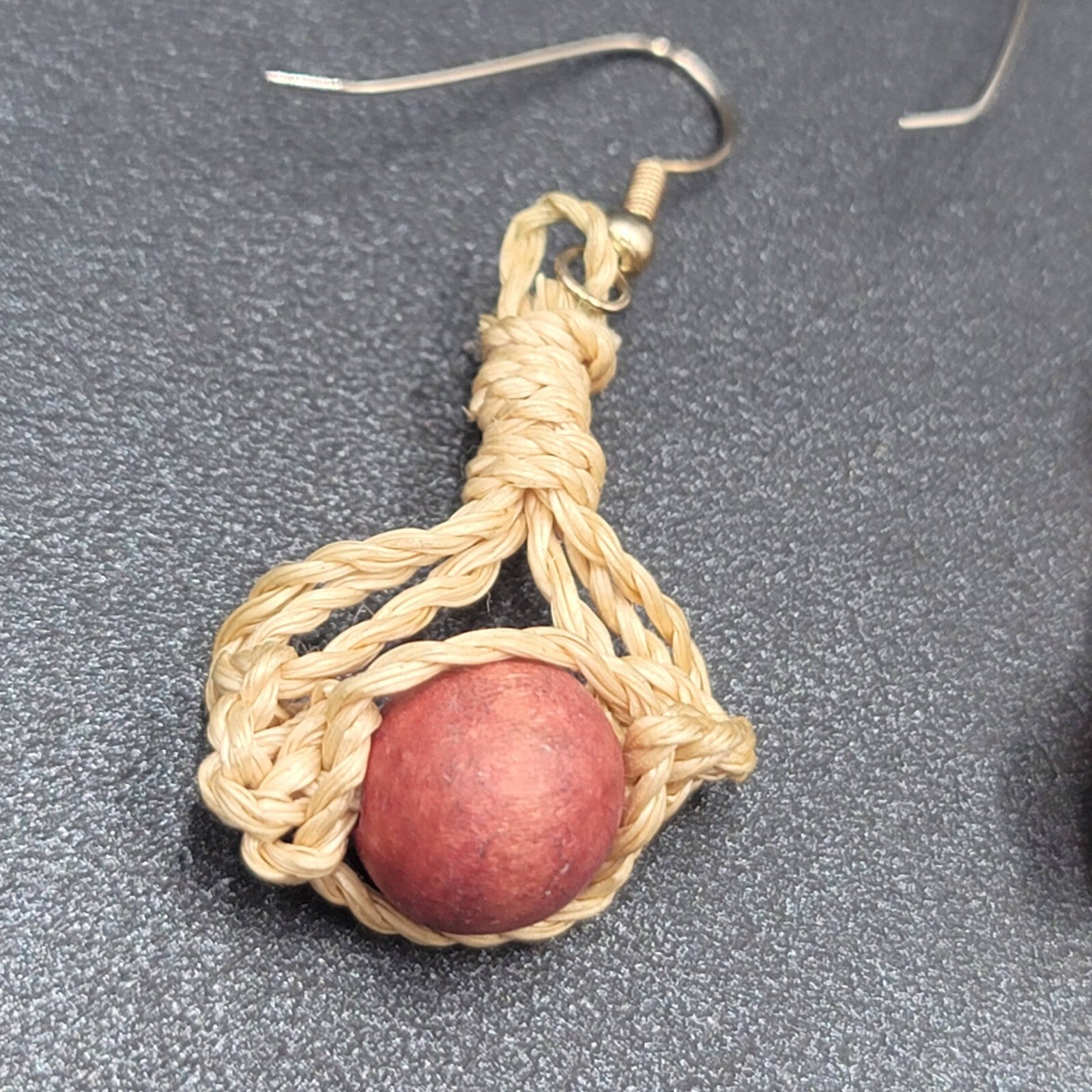Boho Pierced Earrings Twine Knotted Wood Bead Dangle 1.5"