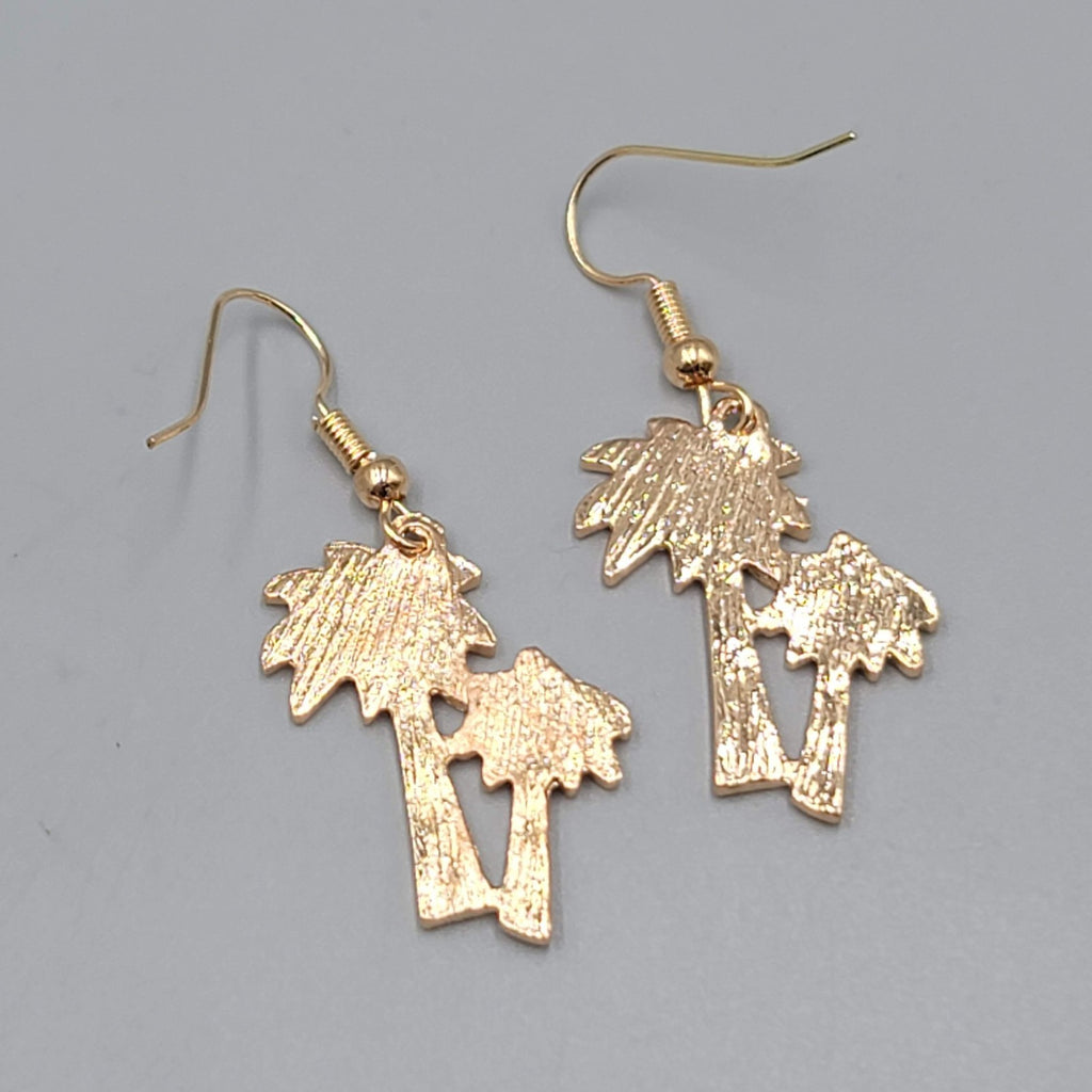 Enamel Double Palm Tree Pierced Earrings Gold tone Dangle 1"