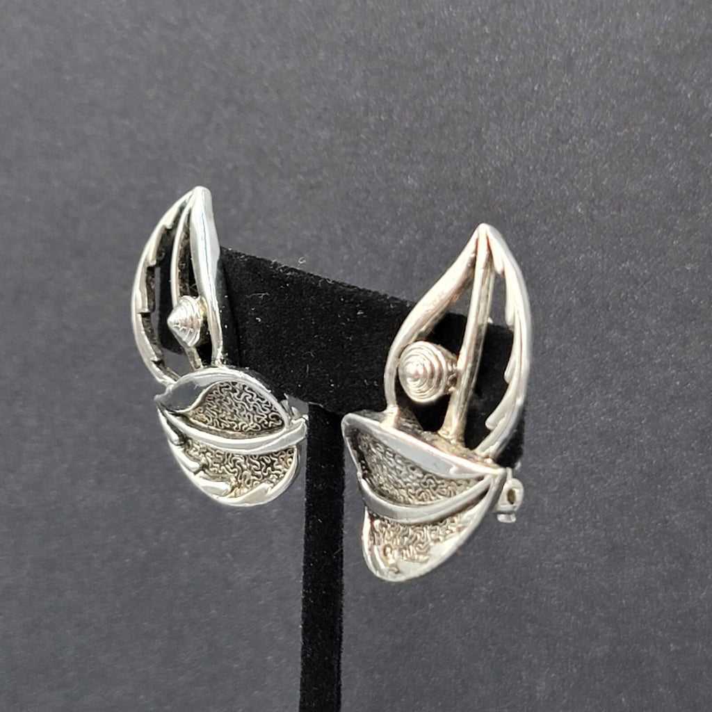 Vtg Sarah Cov Clip on Earrings Silver tone Leaves Climber Large Statement 1.5"