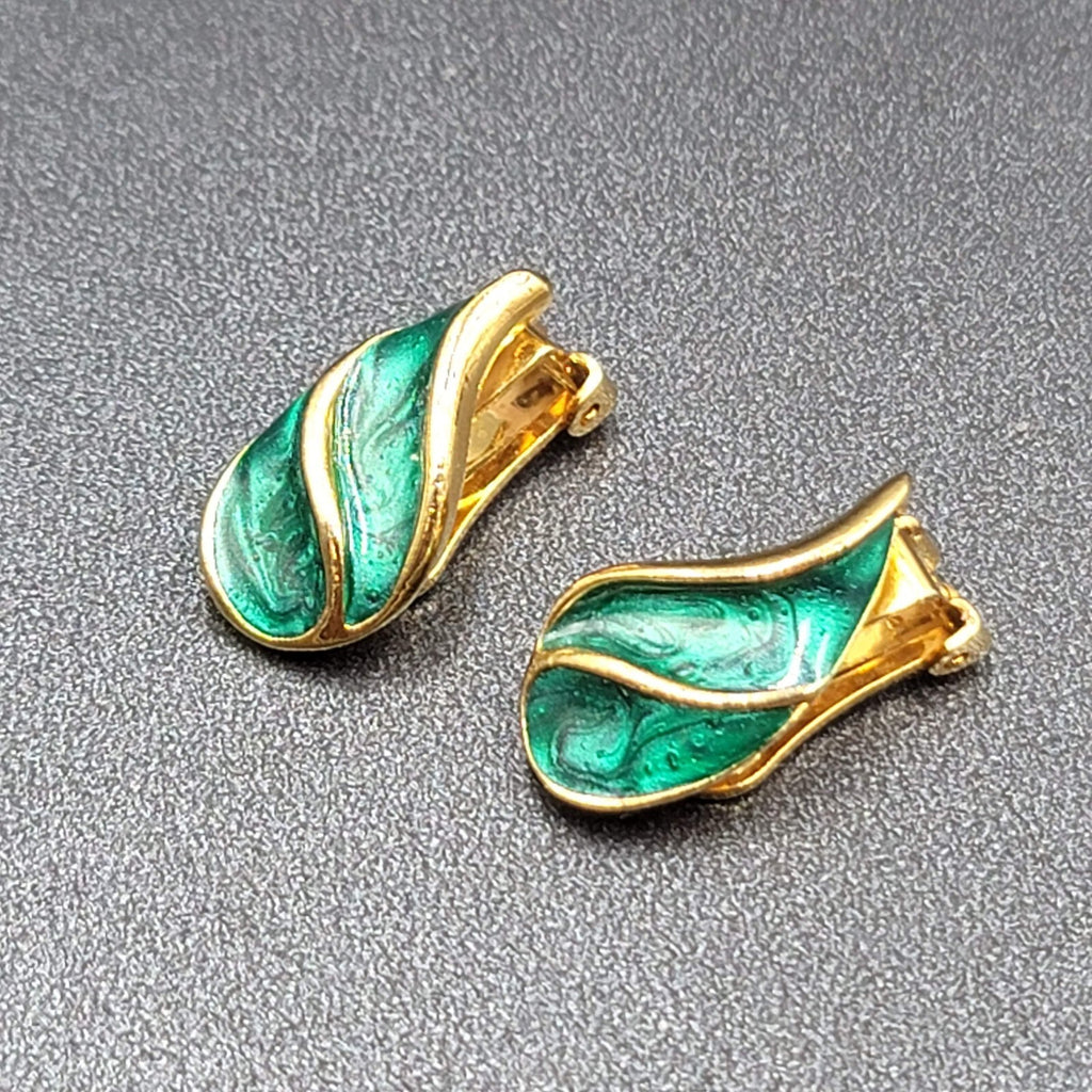 Vintage Clip on Earrings Gold tone Emerald Green Swirl Enamel Climbers 1"