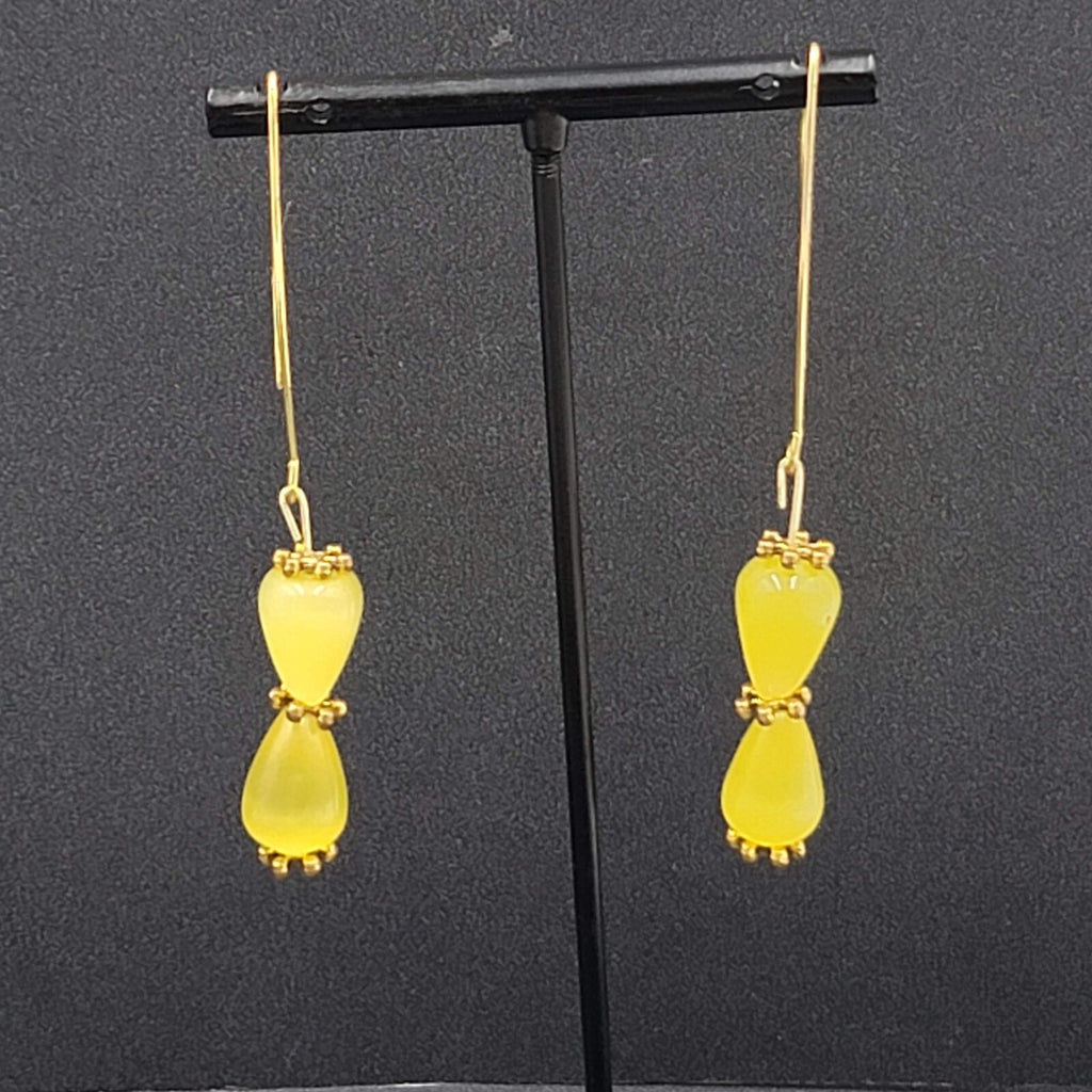 Pierced Earrings Gold tone Yellow Cats Eye Stone Beads Dangle 1.5"