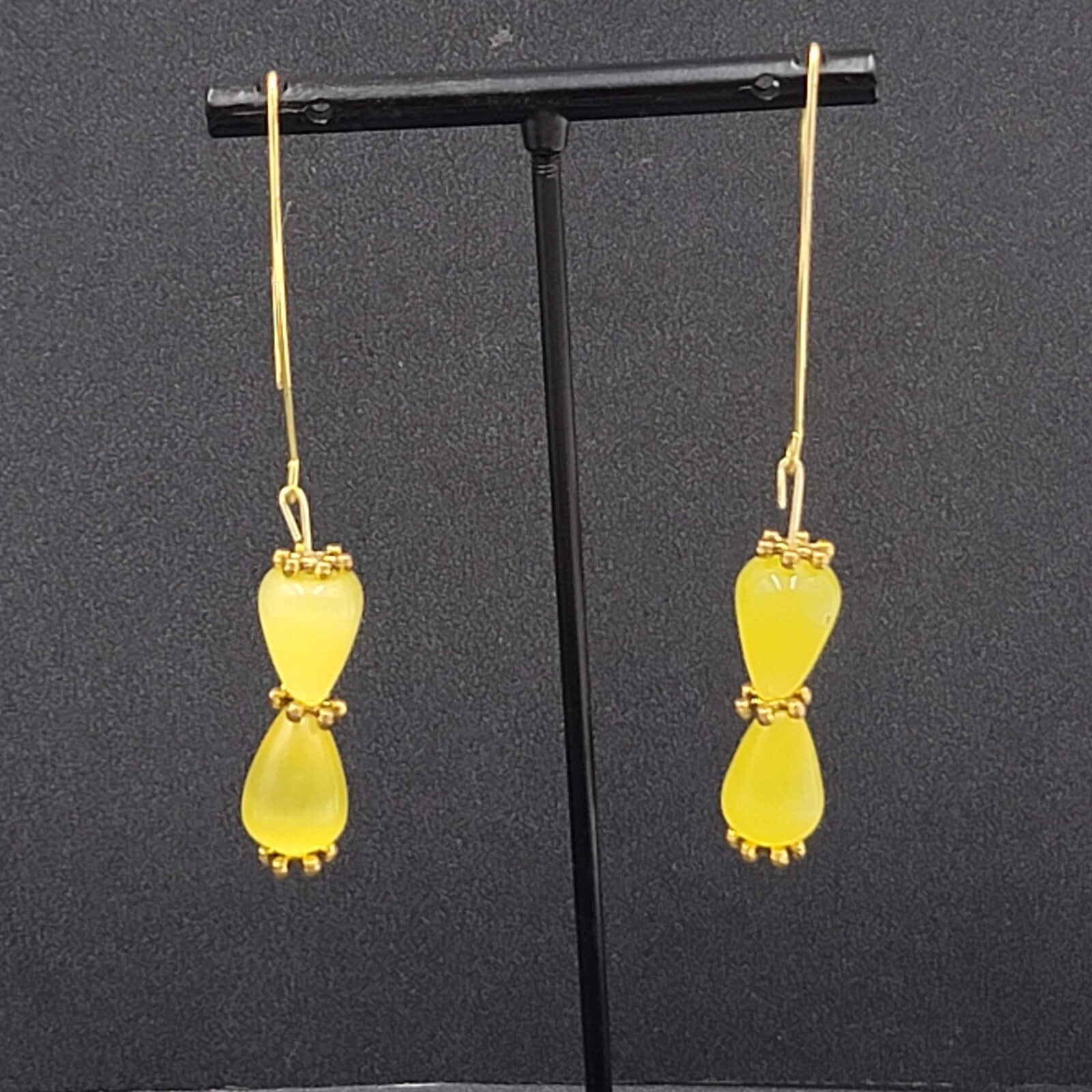 Pierced Earrings Gold tone Yellow Cats Eye Stone Beads Dangle 1.5"