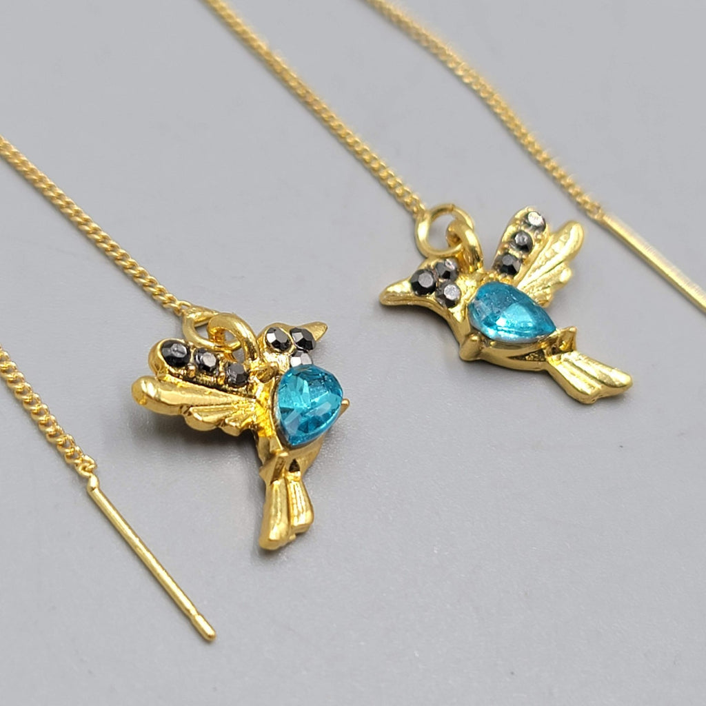 Crystal Bird Threader Pierced Earrings Gold tone Dangle 
