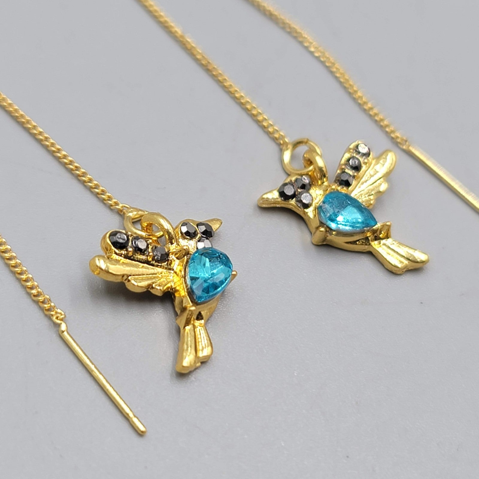 Crystal Bird Threader Pierced Earrings Gold tone Dangle 