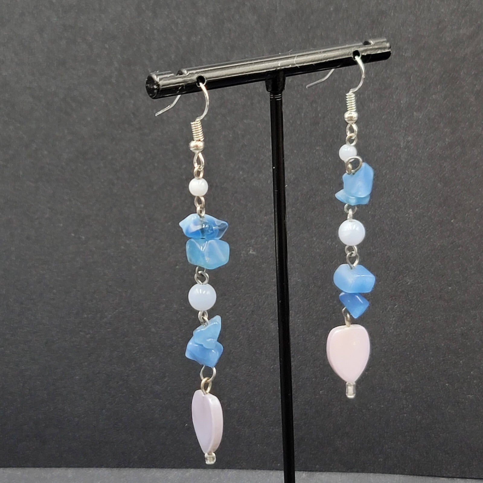 Pierced Earrings Blue Stone Chip Bead Dangle Silver tone 2.75"