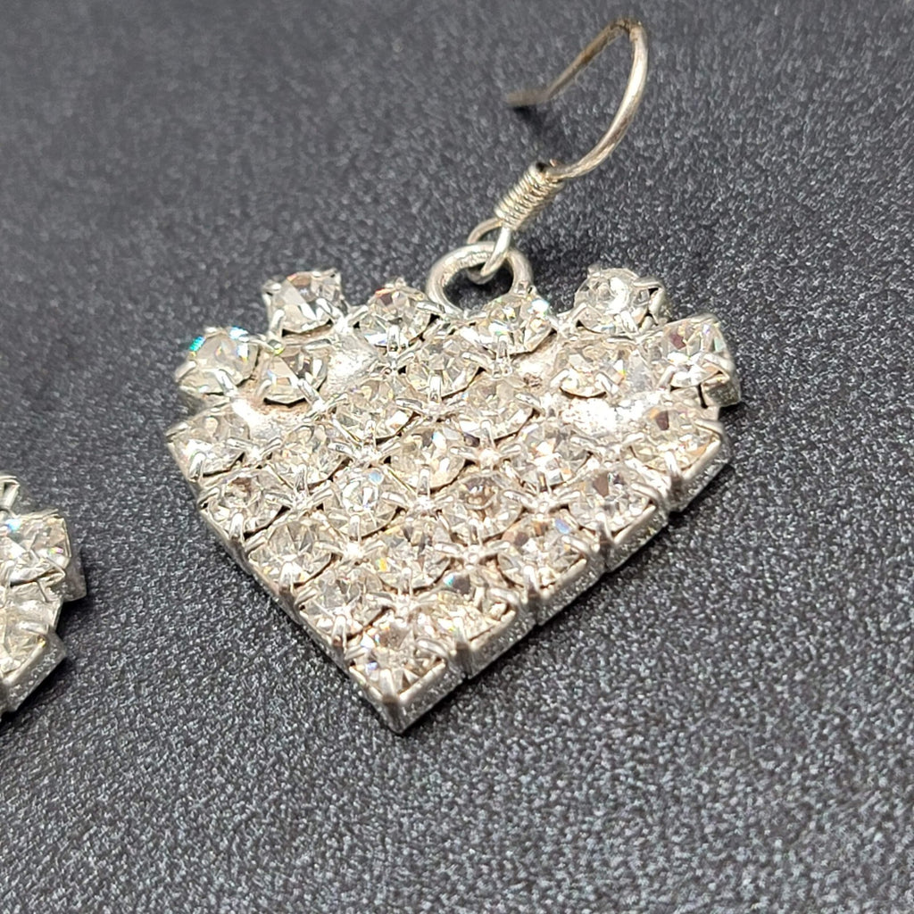 Vintage Pierced Earrings Silver tone Rhinestone Studded Dangle Heart 1"