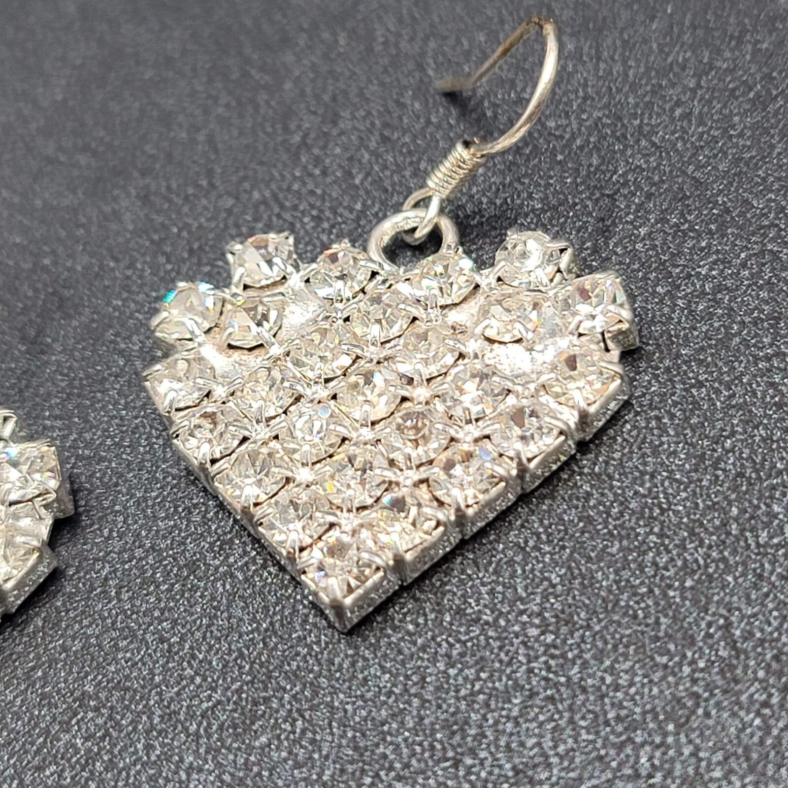 Vintage Pierced Earrings Silver tone Rhinestone Studded Dangle Heart 1"