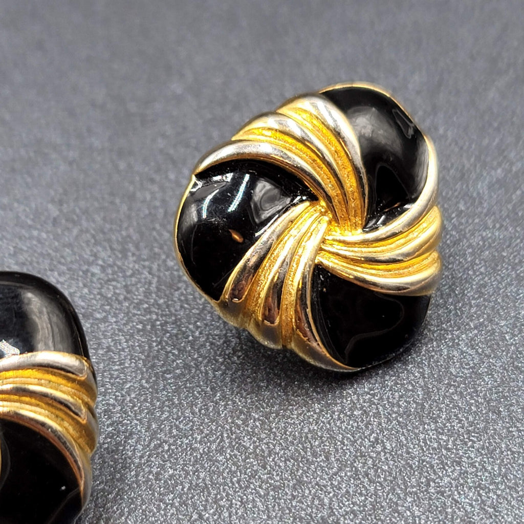 Vintage Napier Clip on Earrings Gold tone Black Enamel Screw Back 7/8"
