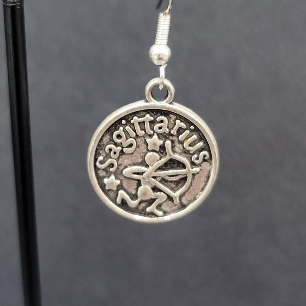 Sagittarius Pierced Earrings Silver tone Round Dangle Optimistic 3/4"