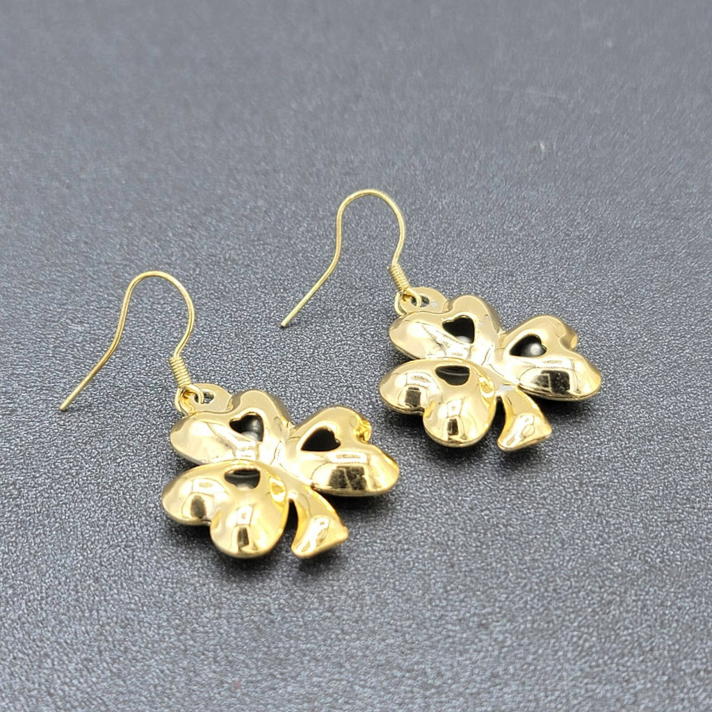 Clover Dangle Hook Dangle Pierced Earrings Jingle Bell Gold tone St Patricks Day