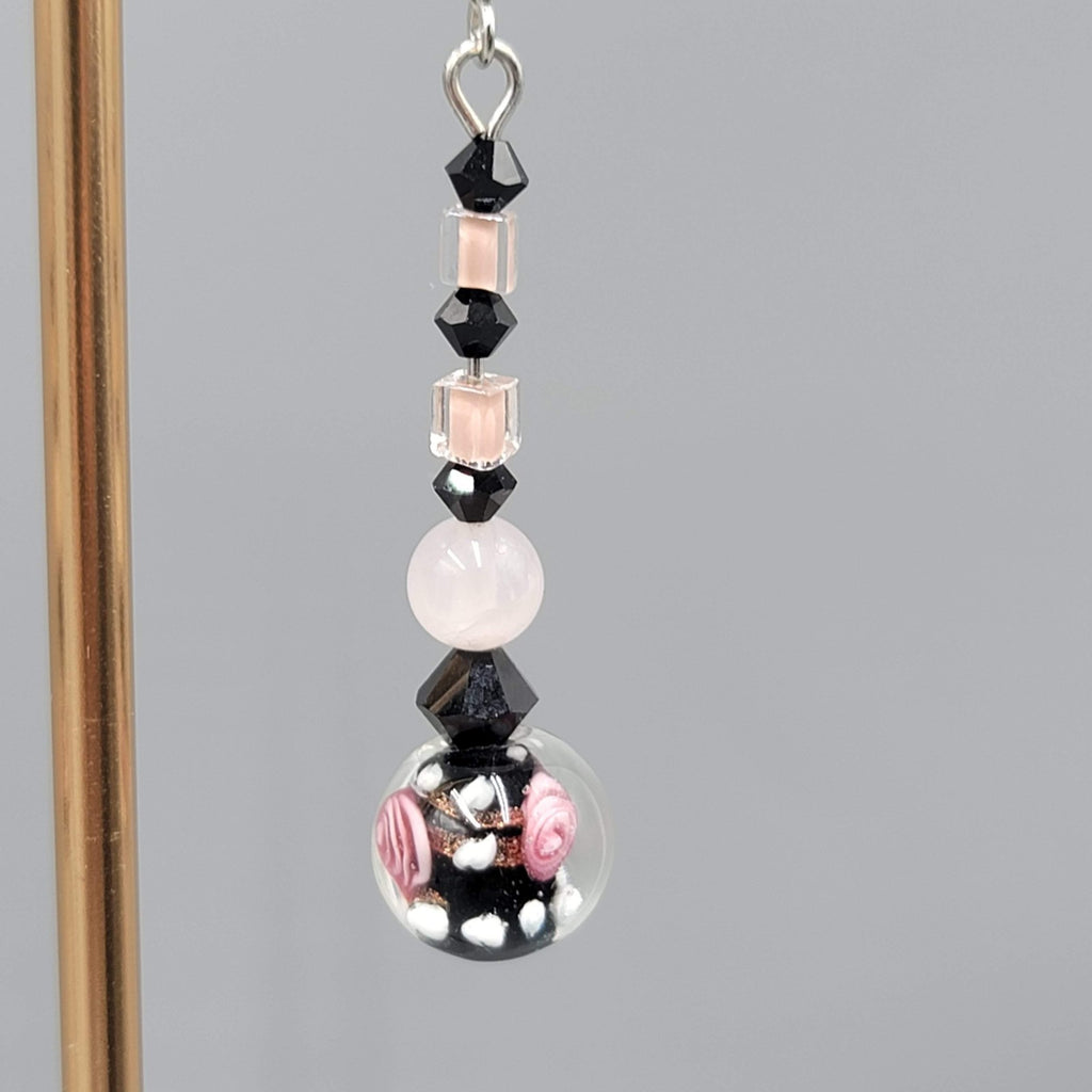 Pink Flower Art Glass Pierced Earrings Black & Silver tone Dangle  1.75"