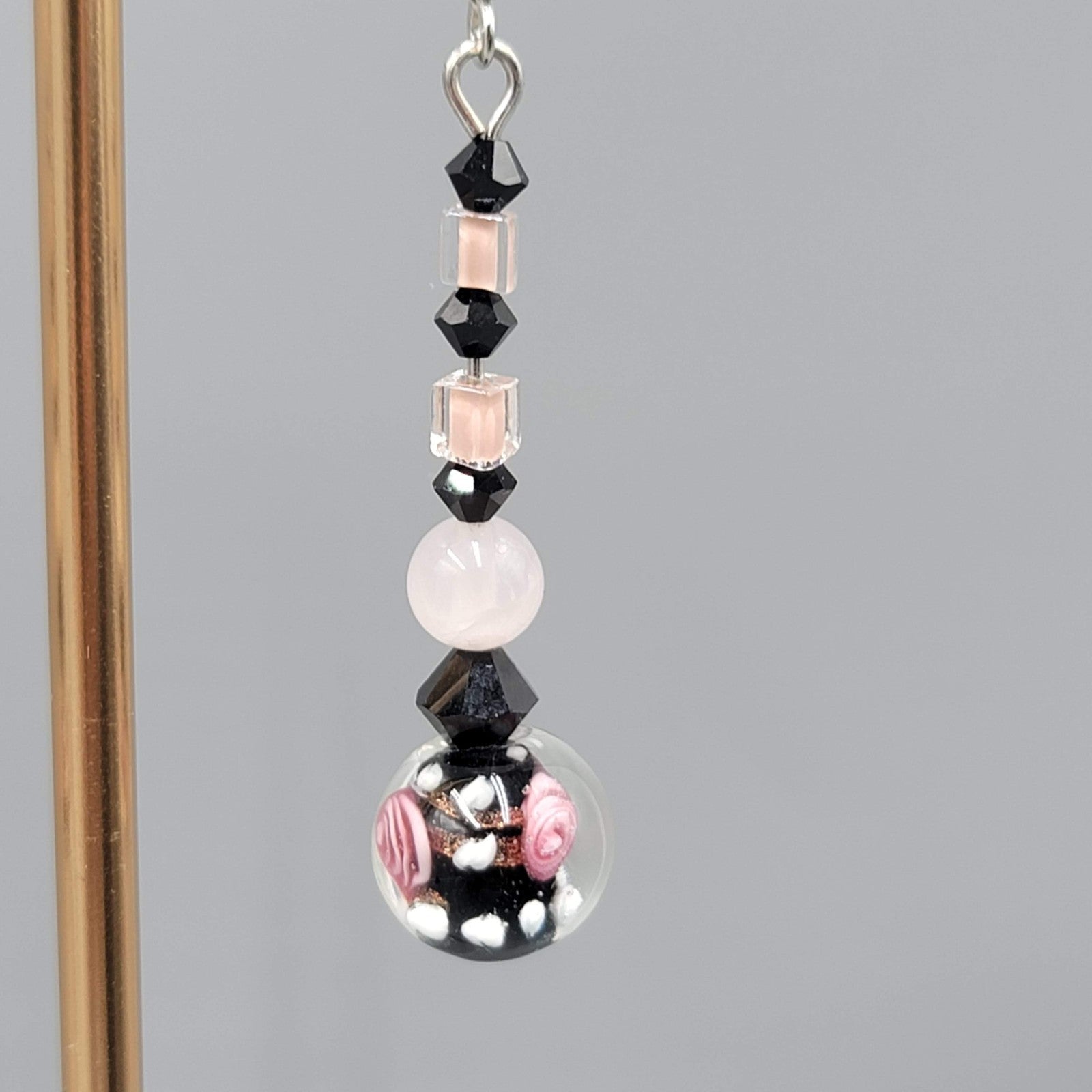 Pink Flower Art Glass Pierced Earrings Black & Silver tone Dangle  1.75"