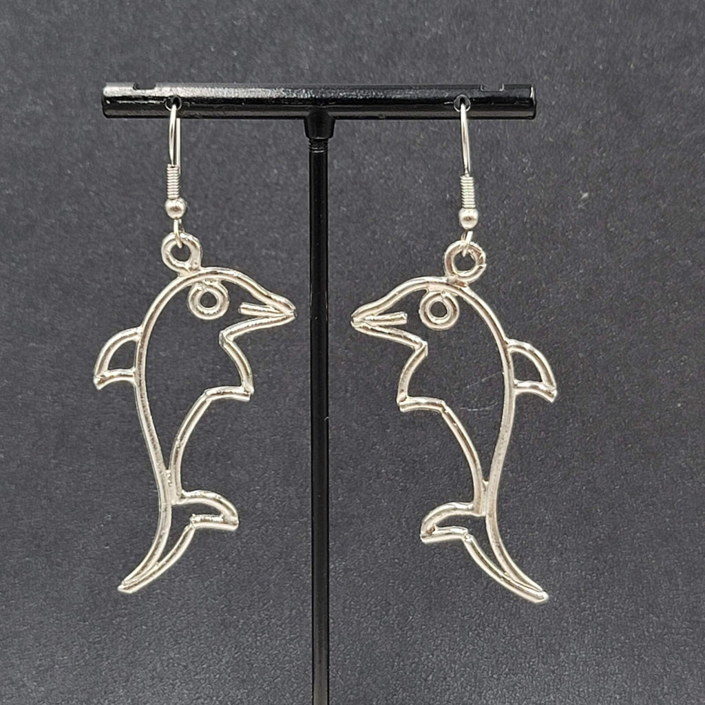Dolphin Pierced Earrings Silver tone Dangle 2 1/8"