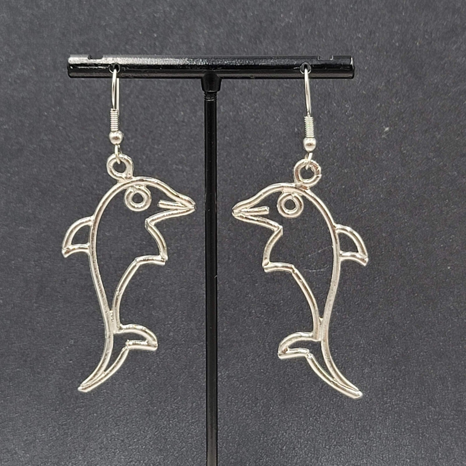 Dolphin Pierced Earrings Silver tone Dangle 2 1/8"