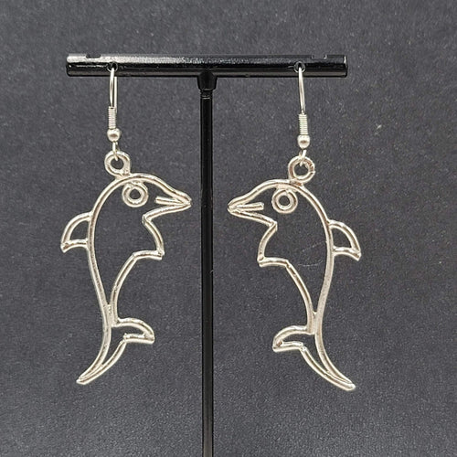 Dolphin Pierced Earrings Silver tone Dangle 2 1/8"